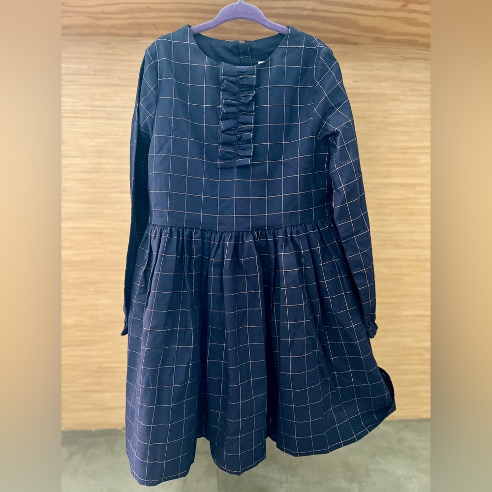 Brand New Jacadi Paris Kids Elegant Navy Checked Pattern with Gold Thread Dress